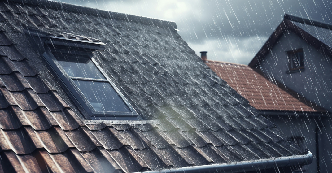 Hausdach mit Dachfenster im strömenden Regen vor einem dunklen Wolkenhimmel.